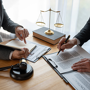 Lawyers reviewing documents with a gavel and Scales of Justice, symbolizing the legal process from intake to trial